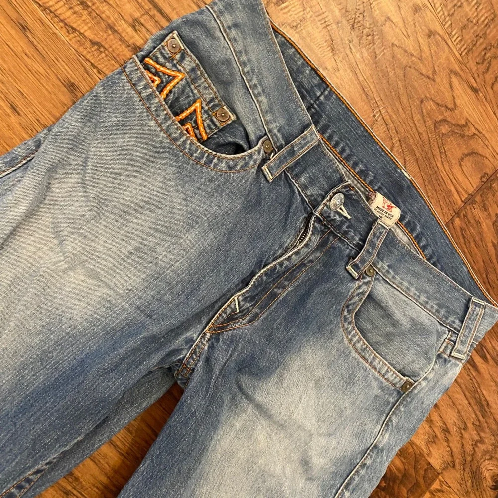True Religion Straight Leg Jeans Mens 36 Blue Orange Stitching Made in USA